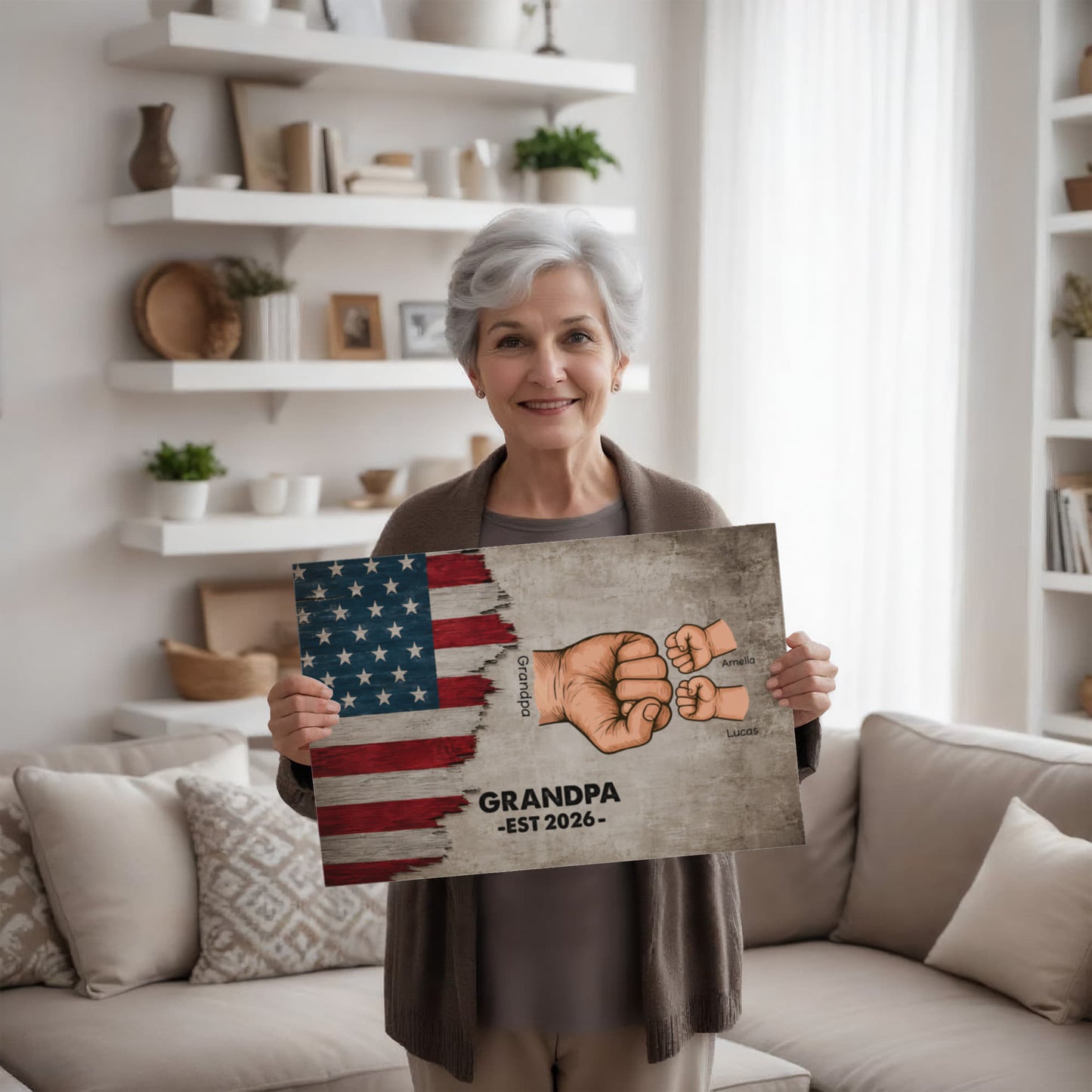 Personalized Grandpa Fist Bump Canvas – Custom Grandkids Names Patriotic Family Wall Art for Grandpa