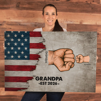 Personalized Grandpa Fist Bump Canvas – Custom Grandkids Names Patriotic Family Wall Art for Grandpa