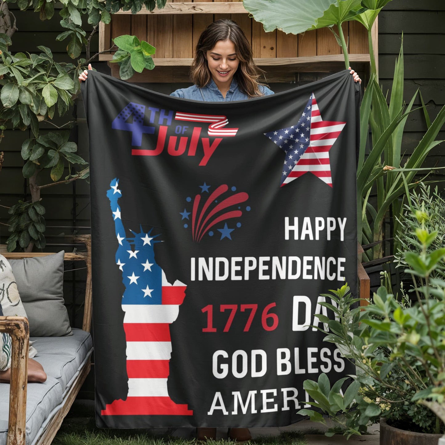 Happy Independence 1776 Day God Bless America 4th of July Jersey Fleece Blanket 50" x 60"