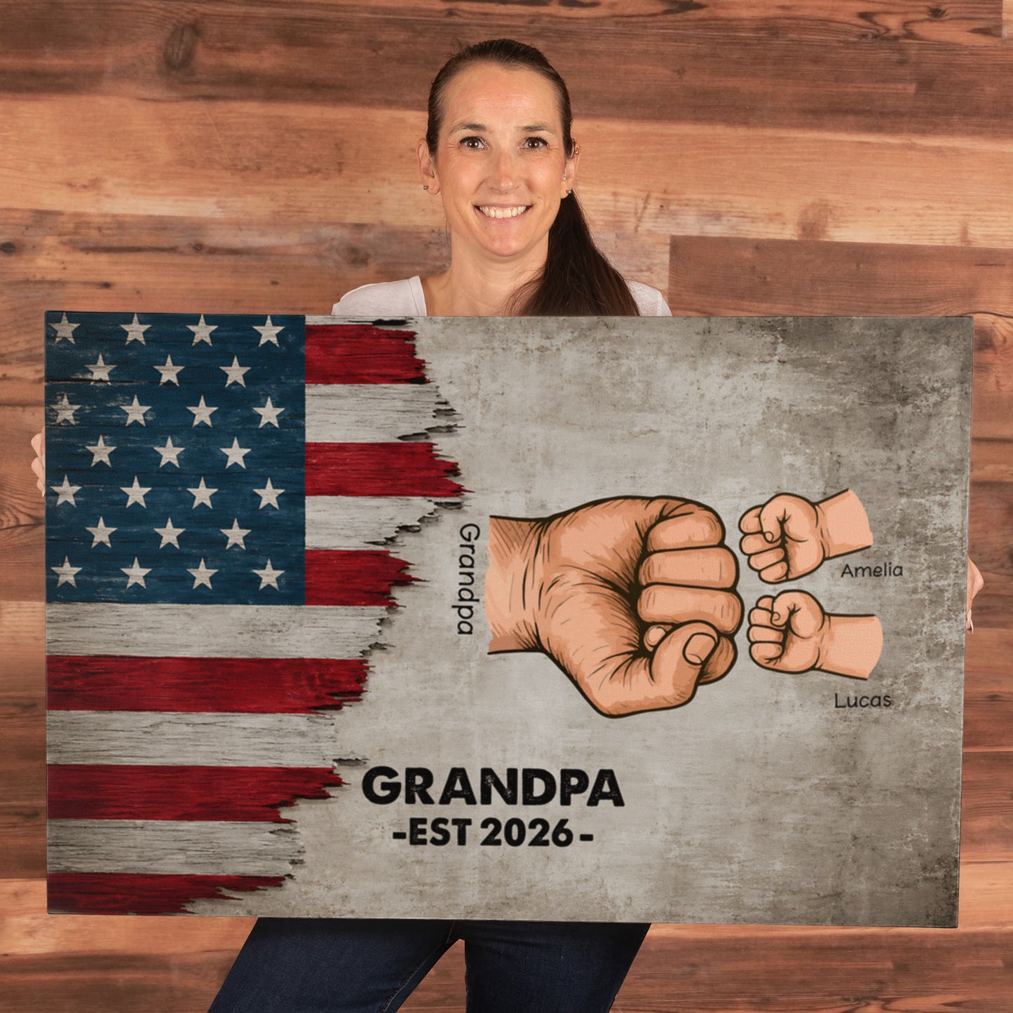 Personalized Grandpa Fist Bump Canvas – Custom Grandkids Names Patriotic Family Wall Art for Grandpa