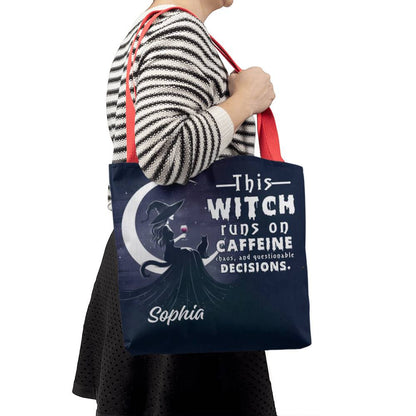 Custom Witch Tote Bag – “This Witch Runs on Caffeine, Chaos & Questionable Decisions !