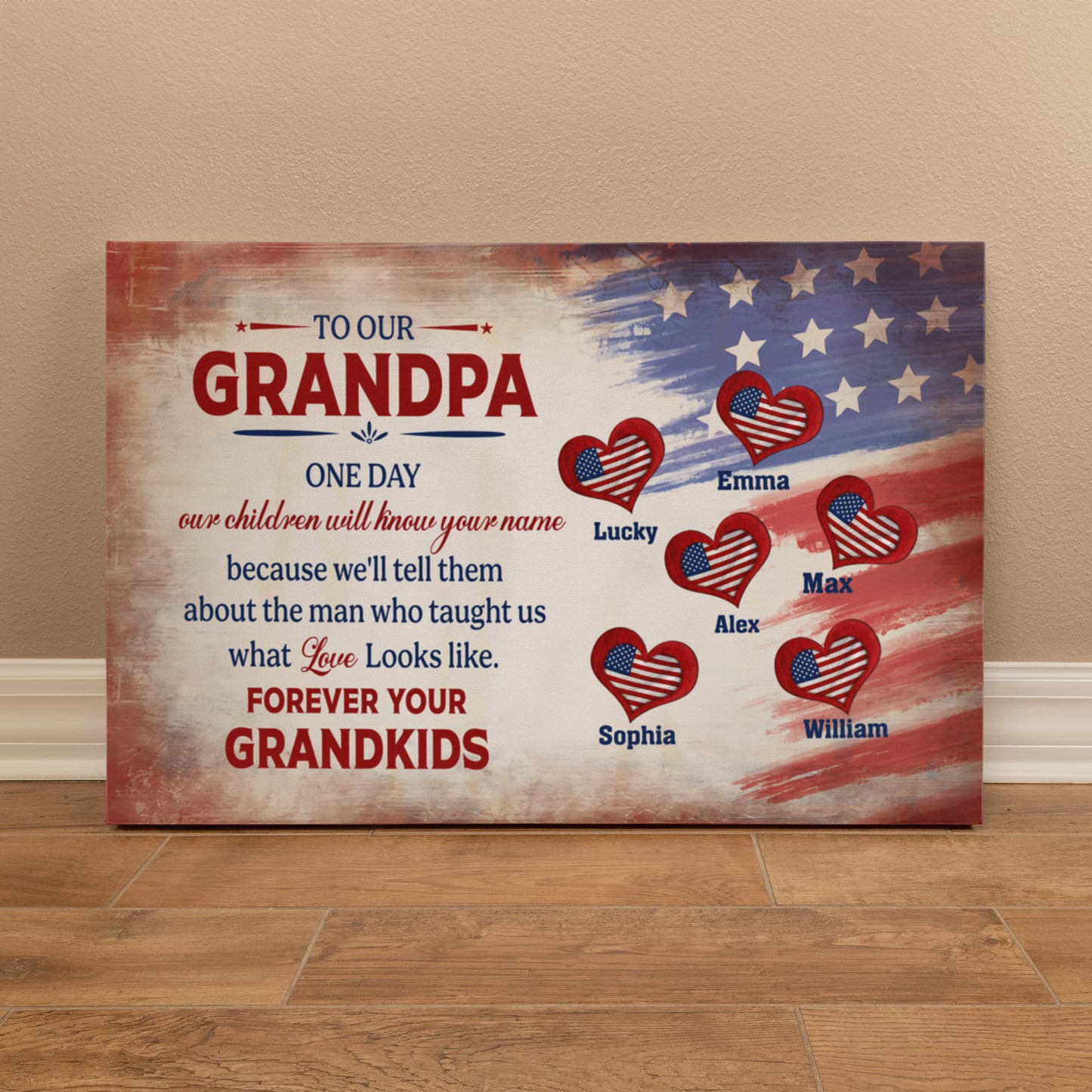 Personalized To Our Grandpa Canvas – Custom Grandkids Names Patriotic Family Wall Art