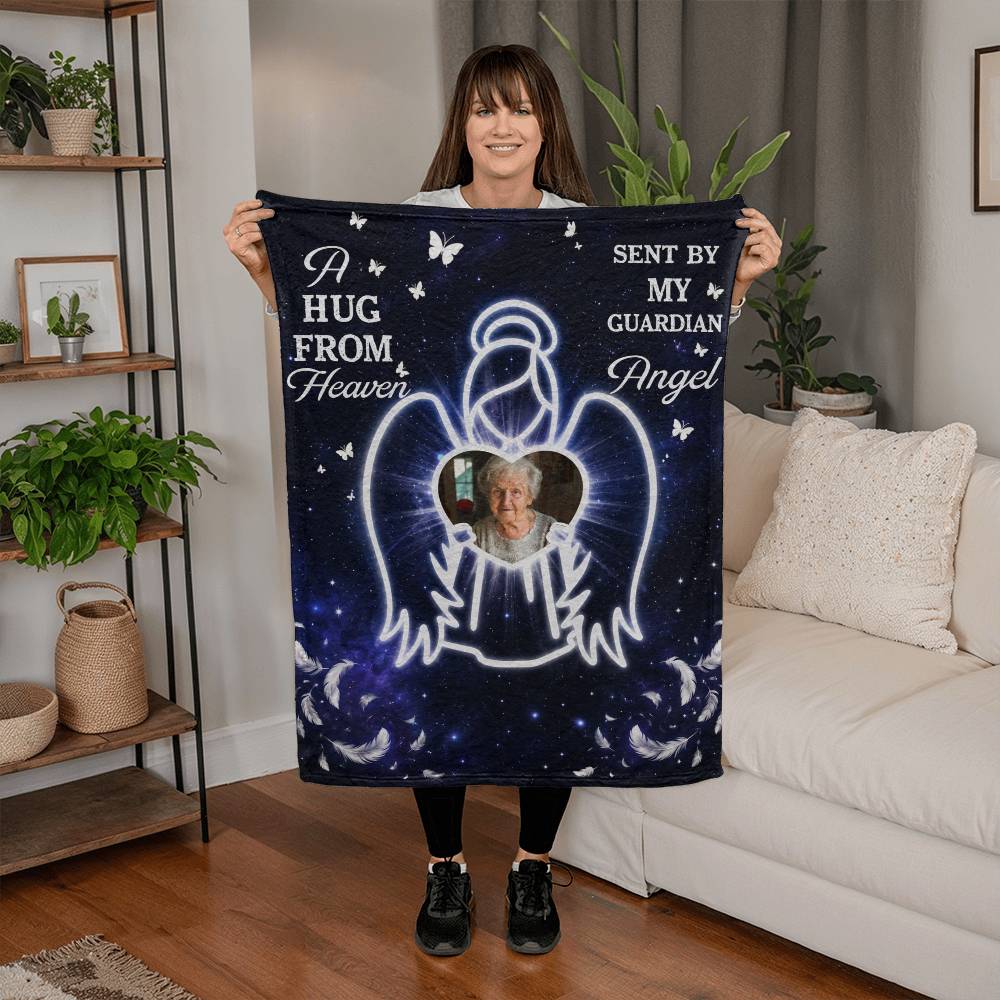 Hug From Heaven Memorial Blanket | Sent by My Guardian Angel Personalized Photo Blanket | Sympathy Gift for Loss of Loved One