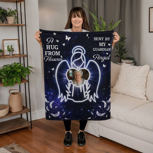 Hug From Heaven Memorial Blanket | Sent by My Guardian Angel Personalized Photo Blanket | Sympathy Gift for Loss of Loved One