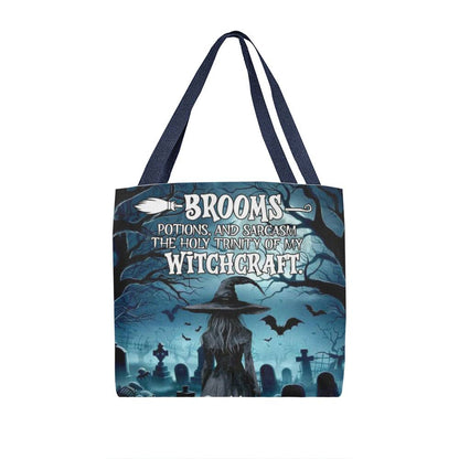 Brooms, Potions & Sarcasm: The Holy Trinity of My Witchcraft” Gothic Halloween Tote Bag !