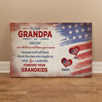 Personalized To Our Grandpa Canvas – Custom Grandkids Names Patriotic Family Wall Art