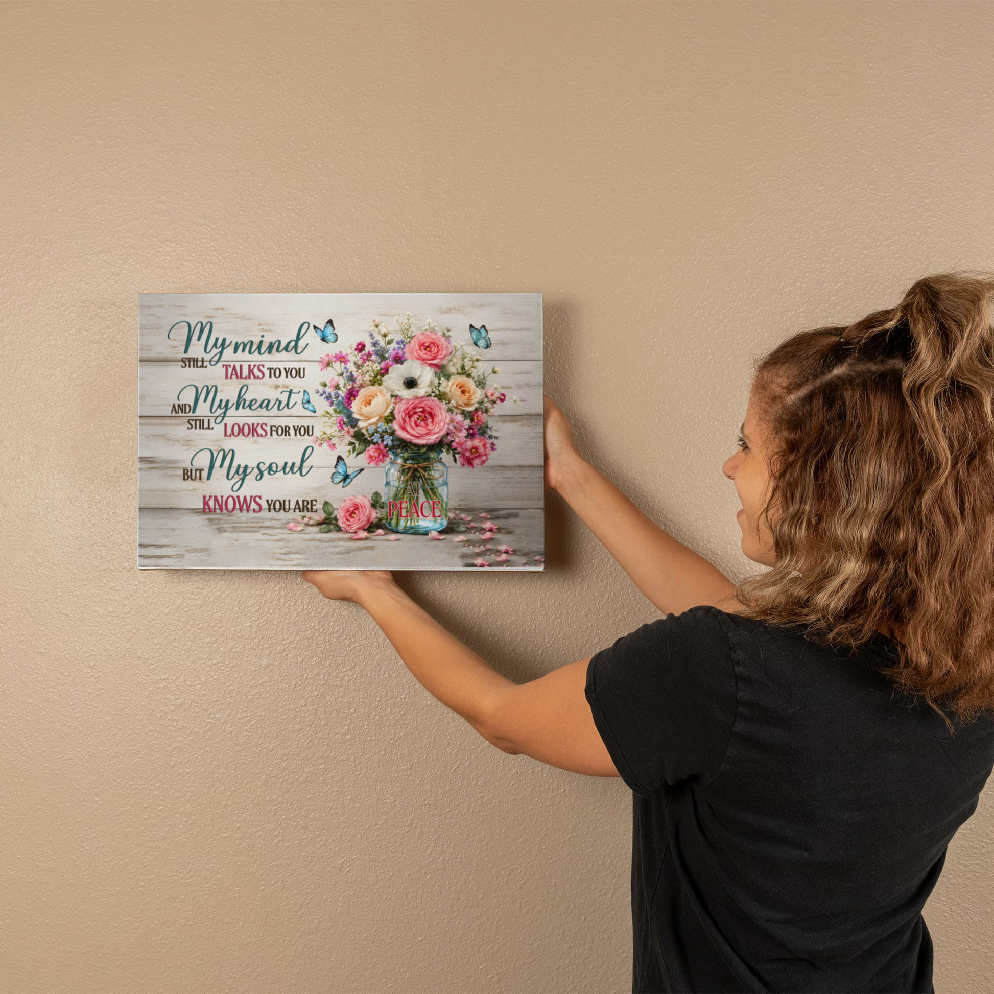 Glass mason jar bouquet Christian encouragement print with peace inscription