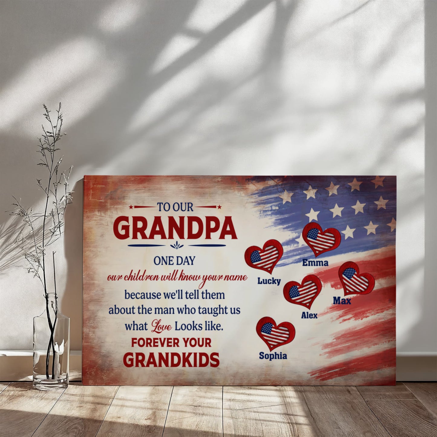 Personalized To Our Grandpa Canvas – Custom Grandkids Names Patriotic Family Wall Art