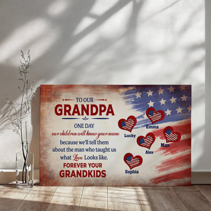 Personalized To Our Grandpa Canvas – Custom Grandkids Names Patriotic Family Wall Art
