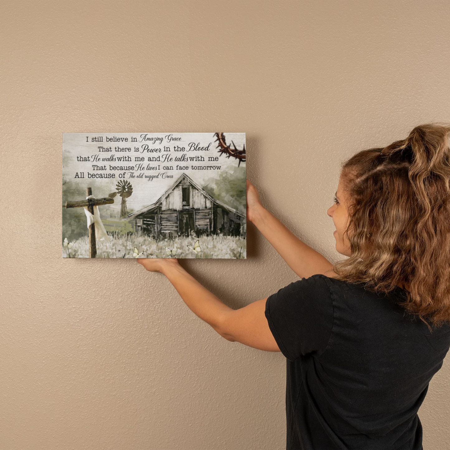 Amazing Grace Canvas Wall Art – Christian Farmhouse Faith Canvas with Inspirational Scripture Message
