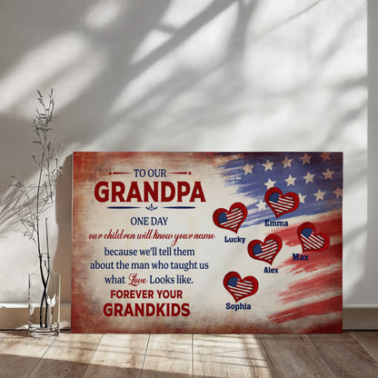 Personalized To Our Grandpa Canvas – Custom Grandkids Names Patriotic Family Wall Art