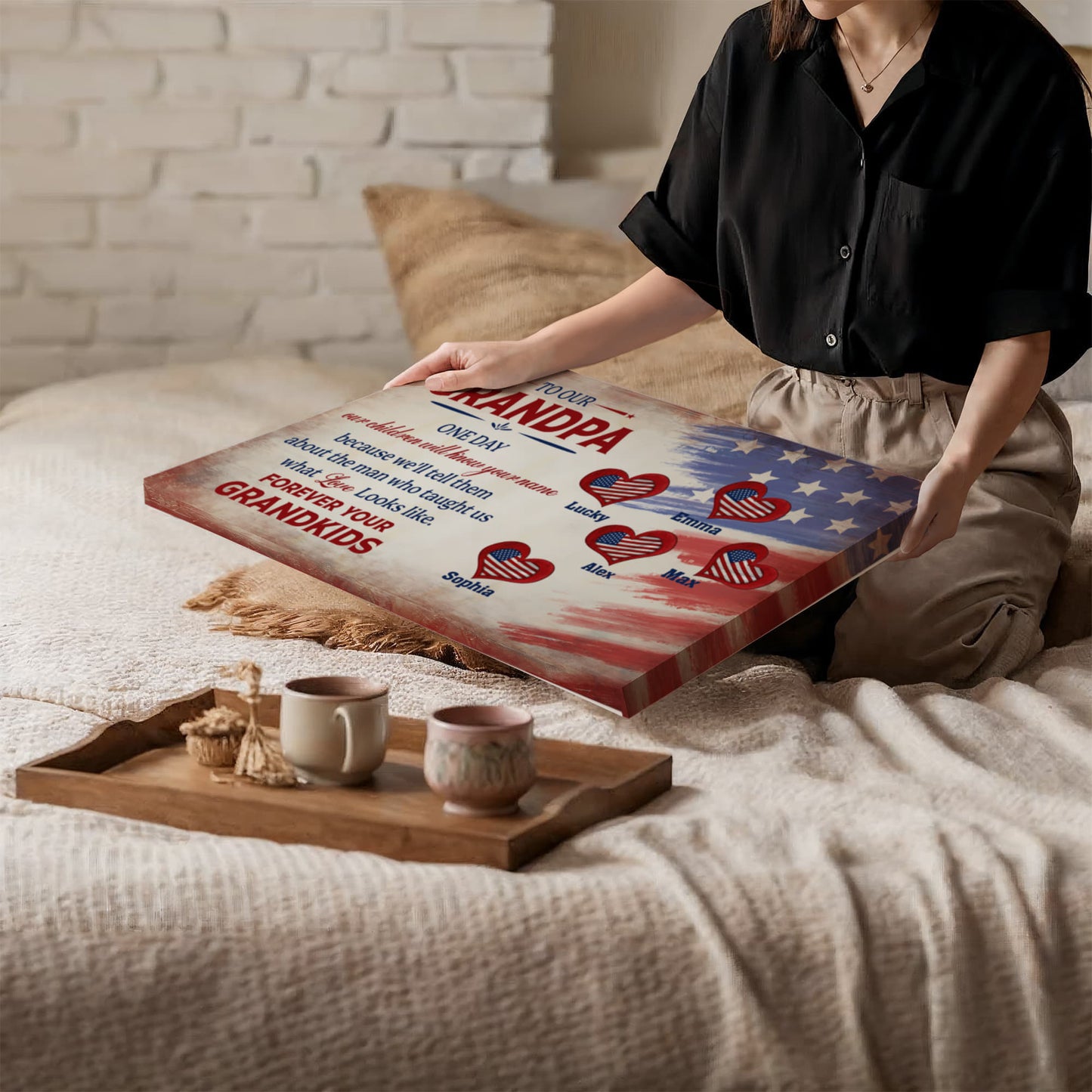 Personalized To Our Grandpa Canvas – Custom Grandkids Names Patriotic Family Wall Art