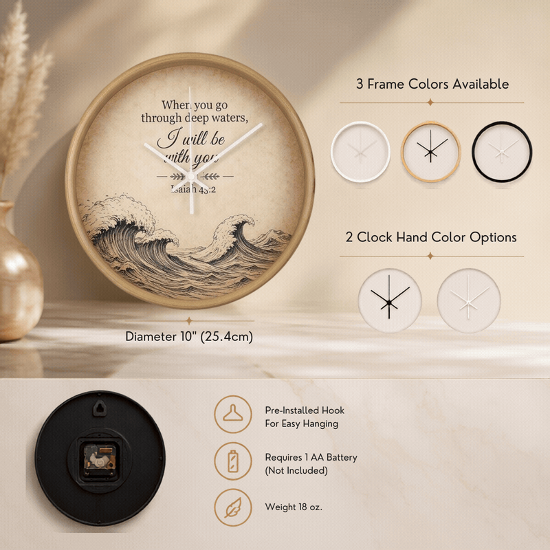 Isaiah 43:2 Christian Wall Clock – When You Go Through Deep Waters I Will Be With You | Inspirational Bible Verse Wall Clock | Faith Home Decor