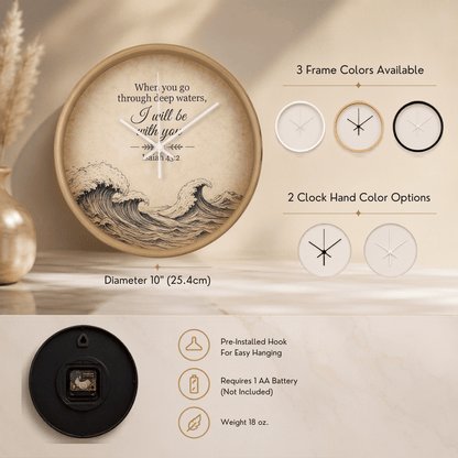Isaiah 43:2 Christian Wall Clock – When You Go Through Deep Waters I Will Be With You | Inspirational Bible Verse Wall Clock | Faith Home Decor