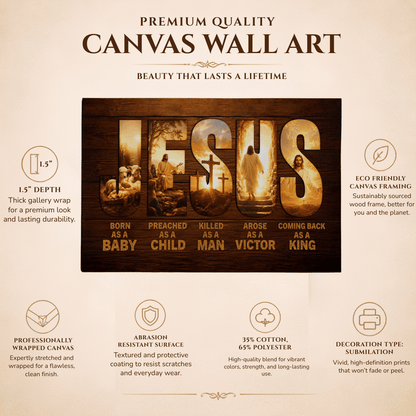 Jesus Born as a Baby Coming Back as a King Christian Canvas Wall Art | Rustic Religious Decor | Jesus Christ Life Story Canvas Print