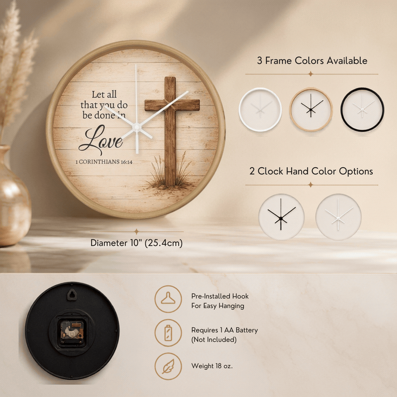 1 Corinthians 16:14 Christian Wall Clock – Let All That You Do Be Done in Love | Rustic Cross Bible Verse Wall Clock | Faith Home Decor