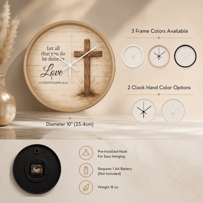 1 Corinthians 16:14 Christian Wall Clock – Let All That You Do Be Done in Love | Rustic Cross Bible Verse Wall Clock | Faith Home Decor
