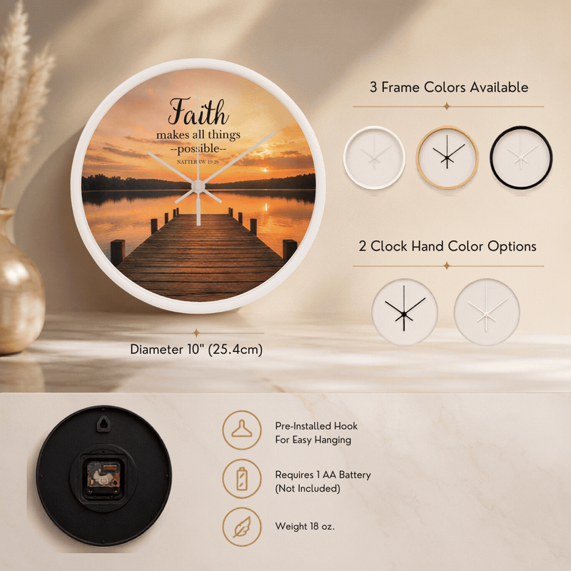 Faith Makes All Things Possible Wall Clock – Matthew 19:26 Christian Wall Clock | Inspirational Lake Sunset Faith Home Decor