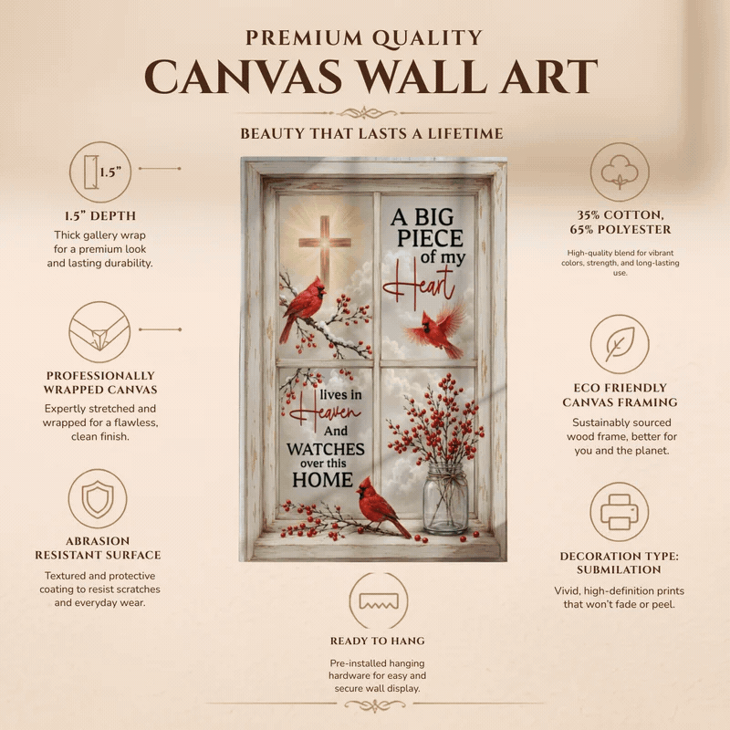 A Big Piece of My Heart Lives in Heaven Canvas – Cardinal Memorial Wall Art Sympathy Gift