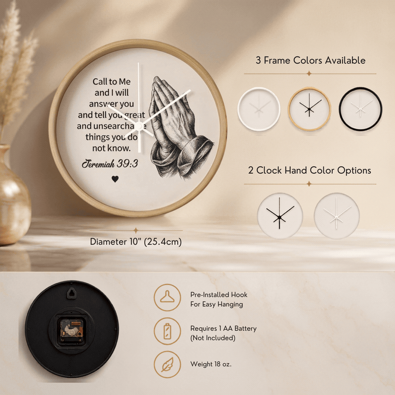 Jeremiah 33:3 Christian Wall Clock – Call to Me and I Will Answer You | Prayer Hands Bible Verse Wall Clock | Inspirational Christian Home Decor
