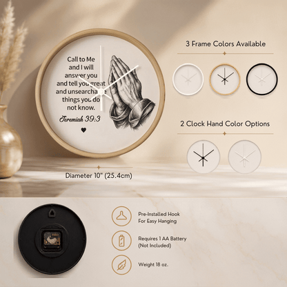 Jeremiah 33:3 Christian Wall Clock – Call to Me and I Will Answer You | Prayer Hands Bible Verse Wall Clock | Inspirational Christian Home Decor