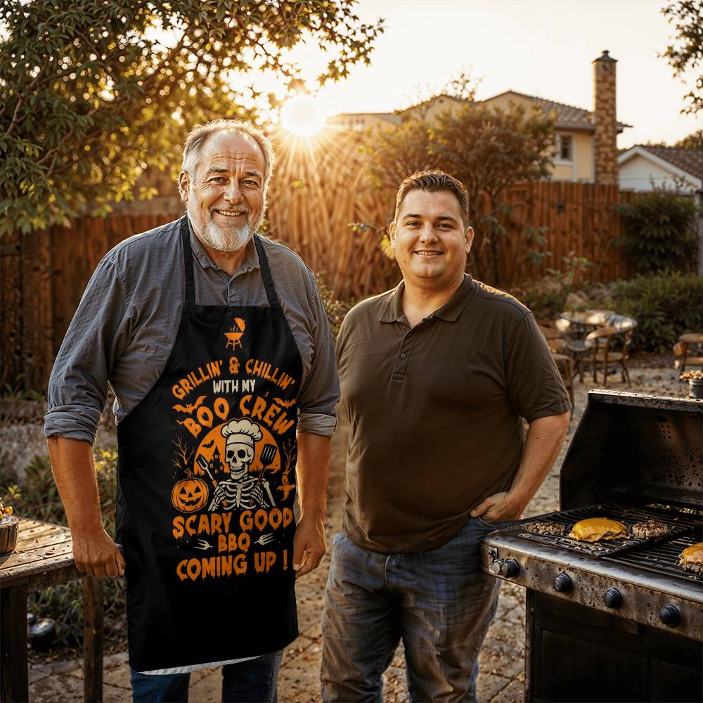 halloween kitchen apron grillin chillin boo crew
