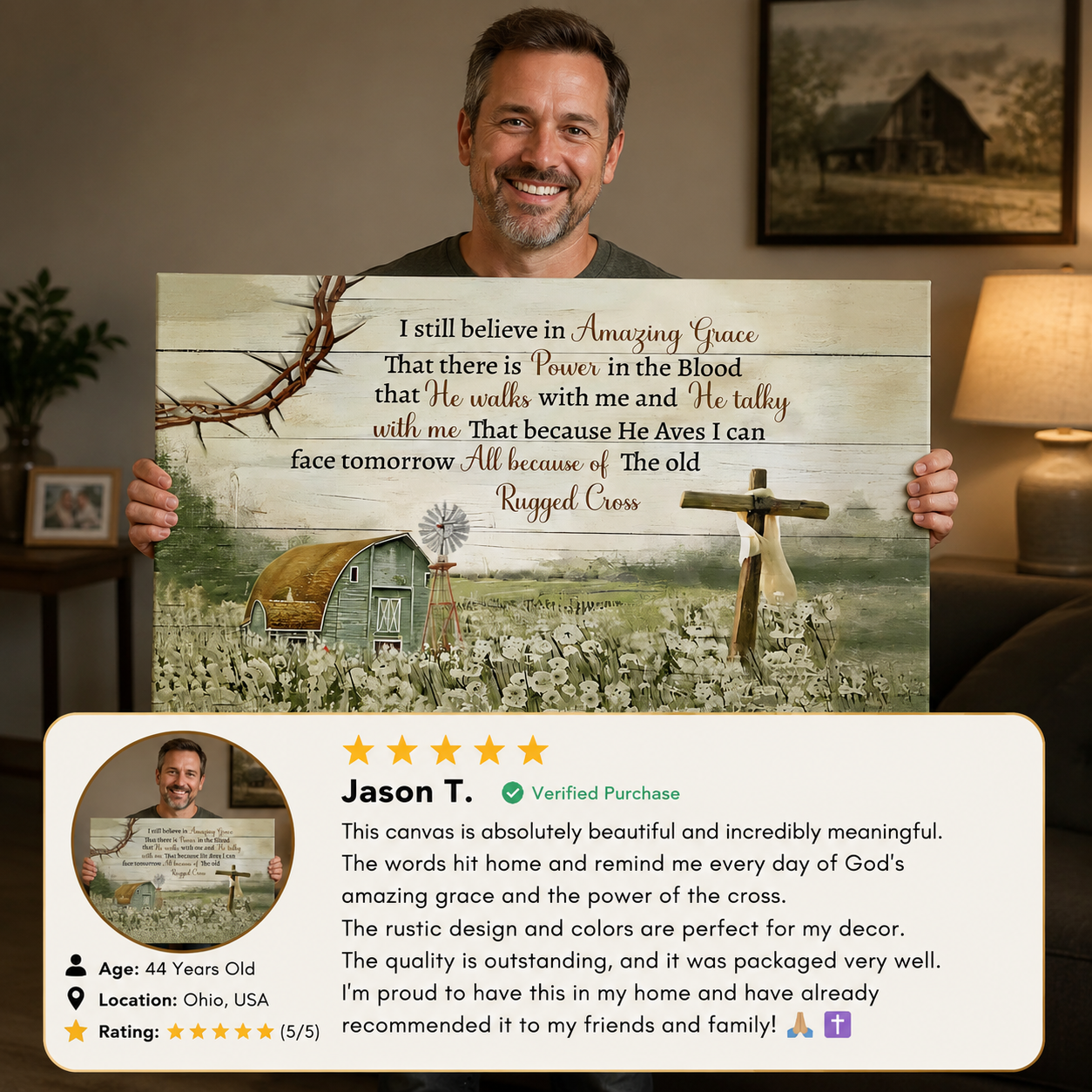 I Still Believe in Amazing Grace Christian Canvas Wall Art | Because He Lives I Can Face Tomorrow | Rustic Farmhouse Religious Decor