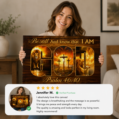 Be Still and Know That I Am God Canvas Wall Art – Psalm 46:10 Christian Lion Cross Decor