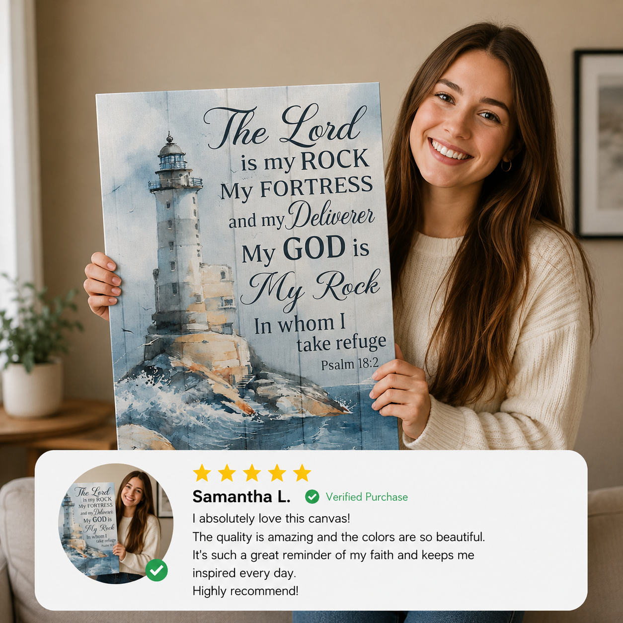 The Lord Is My Rock Lighthouse Canvas Wall Art – Psalm 18:2 Christian Bible Verse Decor