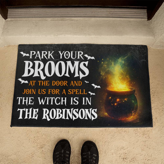 spooky halloween door mat park your brooms funny witch porch decor
