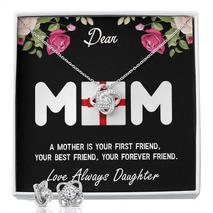 Love Knot Necklace, Mom, PLUS Earing Set, Mother's Day, Jewelry Gift, From Daughter, To Mom, Love Always Daughter